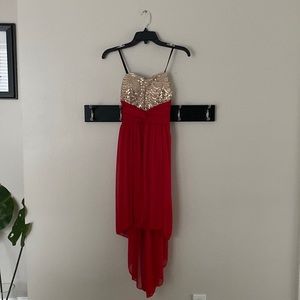 Jodi Kristopher Strapless Sequined Red and Gold High Low Formal Dress